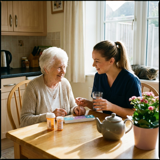 Seniorin erhält Unterstützung bei der Einnahme von Medikamenten