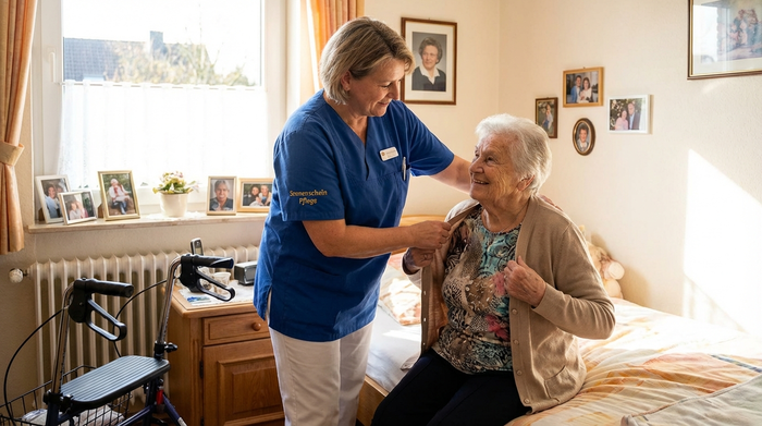 Ambulante Pflegekraft hilft beim Anziehen