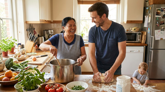 Freundliche Haushaltshilfe beim gemeinsamen Kochen
