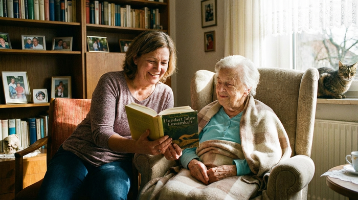 24-Stunden-Betreuerin liest Seniorin aus Buch vor