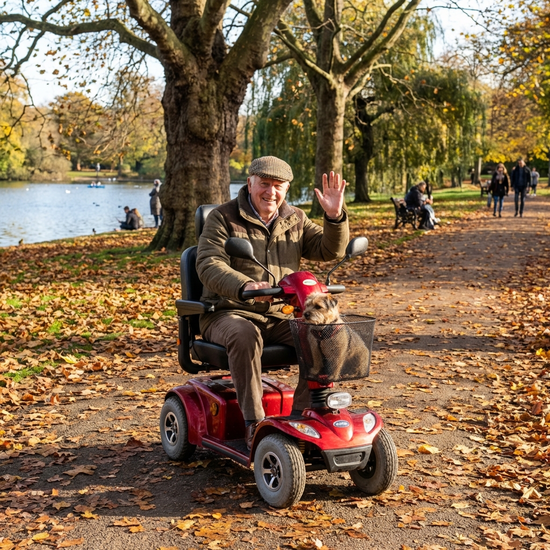 Senior fährt mit Elektromobil durch einen Park