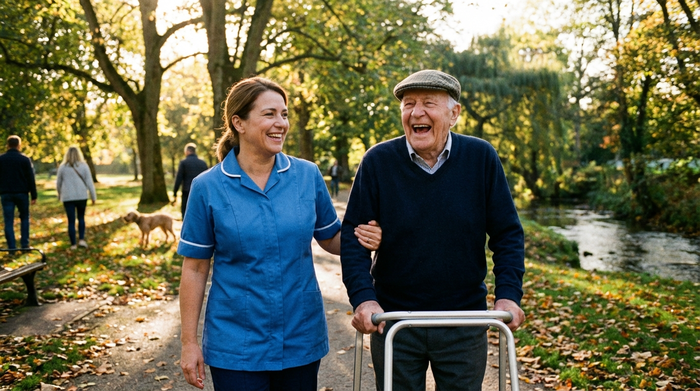 Freundliche Pflegekraft und Senior spazieren lachend durch einen sonnigen Park