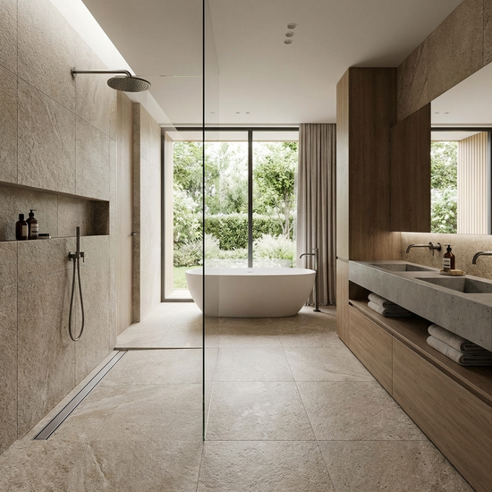 Modernes Badezimmer mit bodengleicher Dusche und rutschfesten Fliesen