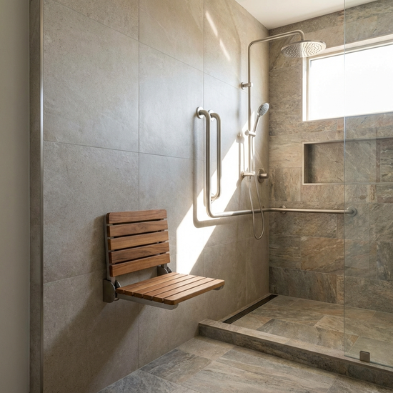 Hochklappbarer Duschsitz und stabile Haltegriffe an der Wand