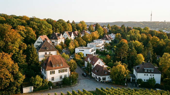Blick auf ein ruhiges Wohngebiet in Stuttgart mit vielen Bäumen