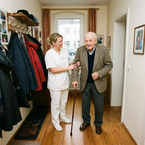 Pflegerin hilft älterem Herrn beim Anziehen einer Jacke im Flur