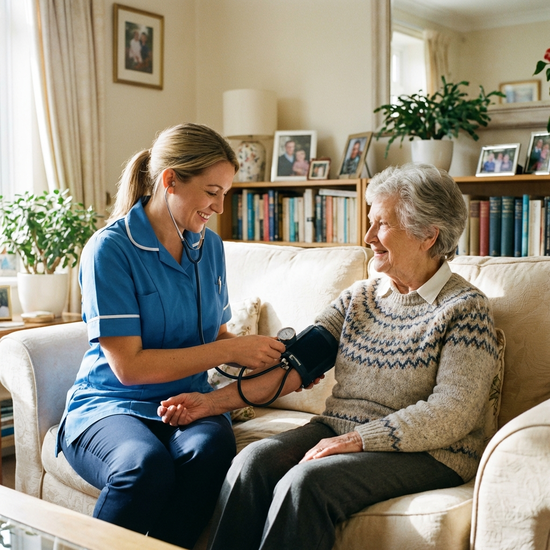 Pflegefachkraft misst behutsam den Blutdruck einer Seniorin auf dem Sofa