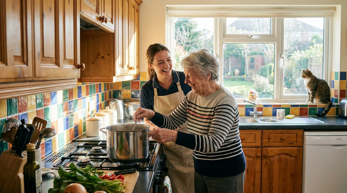 Betreuungskraft und Seniorin kochen gemeinsam am Herd in einer hellen Küche