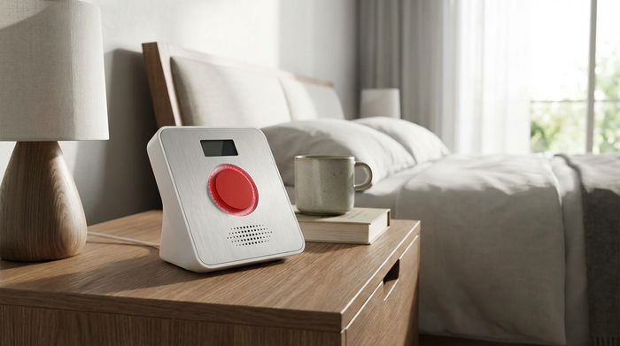 Modernes Hausnotruf-Gerät mit rotem Knopf auf einem Nachttisch