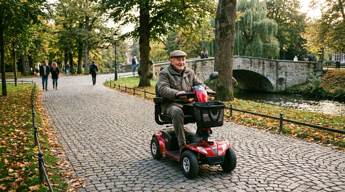 Senior fährt mit einem Elektromobil über einen gepflasterten Weg