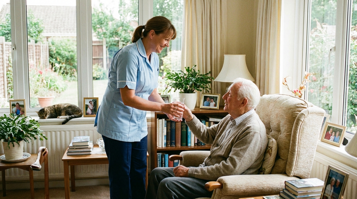 Freundliche Pflegerin reicht einem älteren Herrn ein Glas Wasser im hellen Wohnzimmer