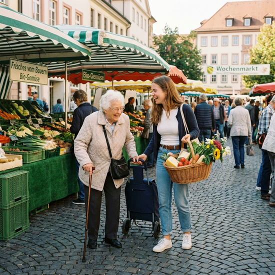 Alltagshilfe beim gemeinsamen Einkaufen mit einer Seniorin auf dem Wochenmarkt