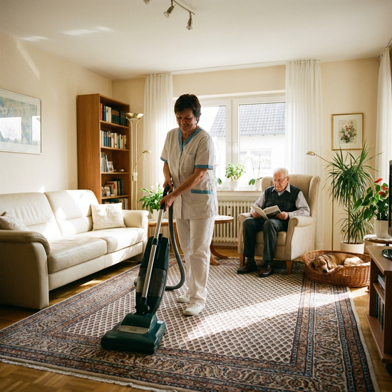 Betreuungskraft saugt den Teppich in einem aufgeräumten Wohnzimmer