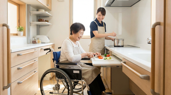 Ältere Dame und Betreuungskraft kochen gemeinsam in einer barrierefreien Küche