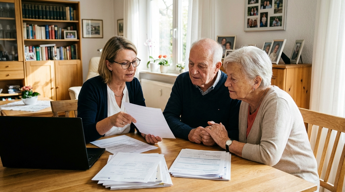 Pflegeberaterin sitzt mit Senioren-Ehepaar am Tisch und bespricht Dokumente