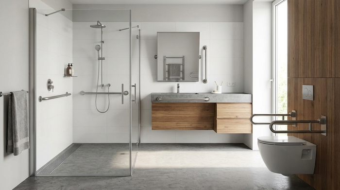 Modernes, barrierefreies Badezimmer mit bodengleicher Dusche und Haltegriffen