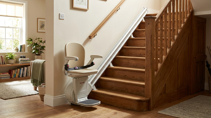 Sicherer Treppenlift an einer geraden Holztreppe im Einfamilienhaus