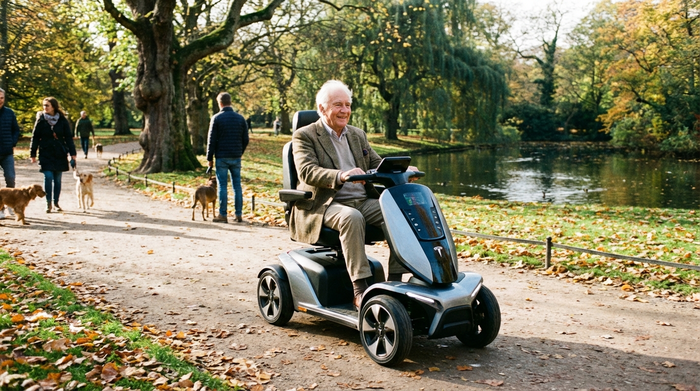 Älterer Herr fährt mit einem modernen Elektromobil durch einen Park