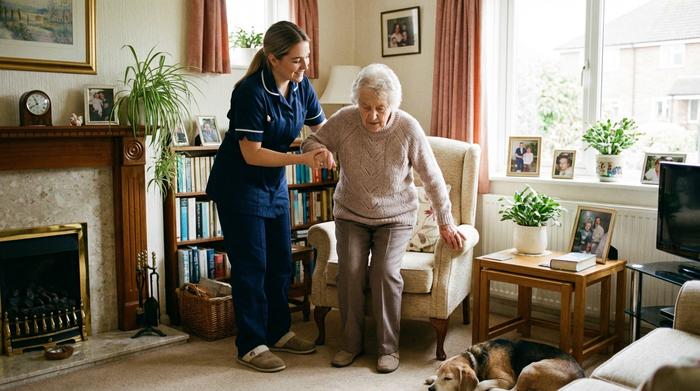 Pflegekraft hilft Seniorin behutsam beim Aufstehen aus dem Sessel im gemütlichen Wohnzimmer.