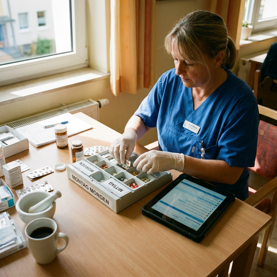 Pflegekraft bereitet Medikamente in einem Dispenser auf dem Tisch vor.