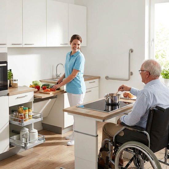 Pflegekraft und Senior kochen gemeinsam in einer sauberen, barrierefreien Küche.