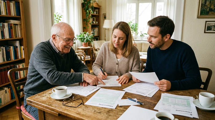 Angehörige und Senior sitzen gemeinsam über Formularen am Esstisch und besprechen diese.