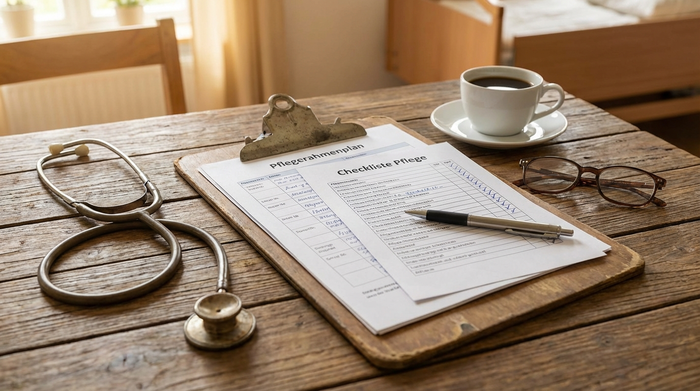 Pflegerahmenplan und Checkliste auf einem Klemmbrett neben einem Stethoskop auf einem Tisch.