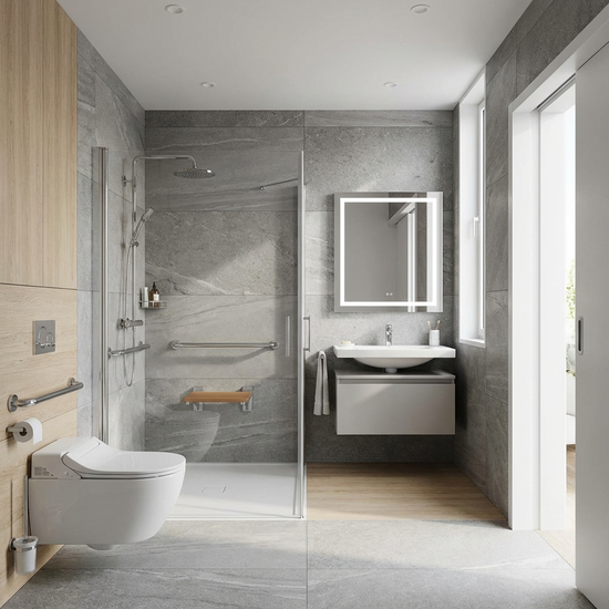 Modernes, barrierefreies Badezimmer mit ebenerdiger Dusche und Haltegriffen.