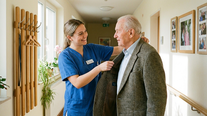 Freundliche Pflegekraft in blauer Berufskleidung hilft einem älteren Herrn beim Anziehen einer Jacke im Flur