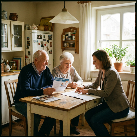 Älteres Ehepaar sitzt mit einer Pflegeberaterin am Küchentisch und bespricht Dokumente