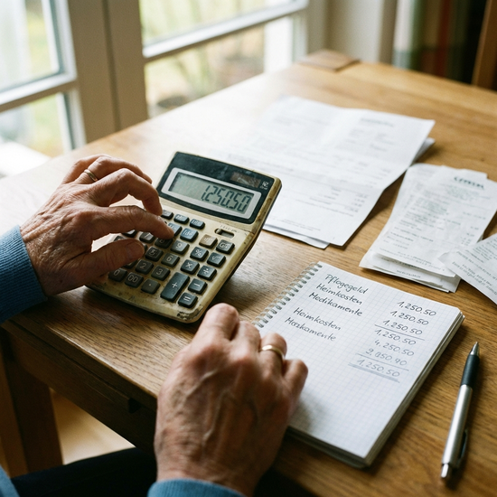 Nahaufnahme von Händen, die mit einem Taschenrechner und einem Notizblock Pflegekosten berechnen