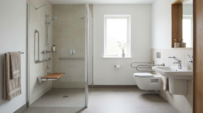 Modernes, barrierefreies Badezimmer mit bodengleicher Dusche, Haltegriffen und klappbarem Duschsitz