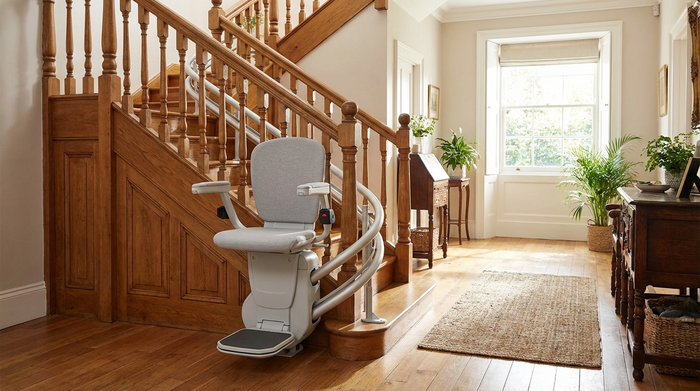 Elektrischer Treppenlift an einer Holztreppe in einem gepflegten Einfamilienhaus