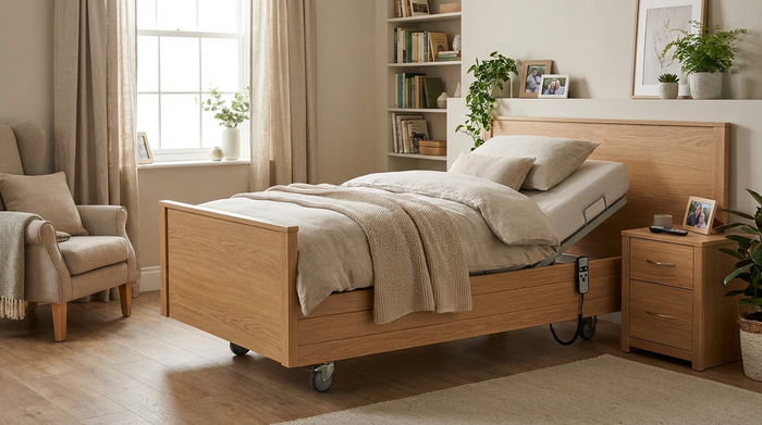 Komfortables, elektrisch verstellbares Pflegebett mit hellem Holzdekor in einem gemütlichen Schlafzimmer