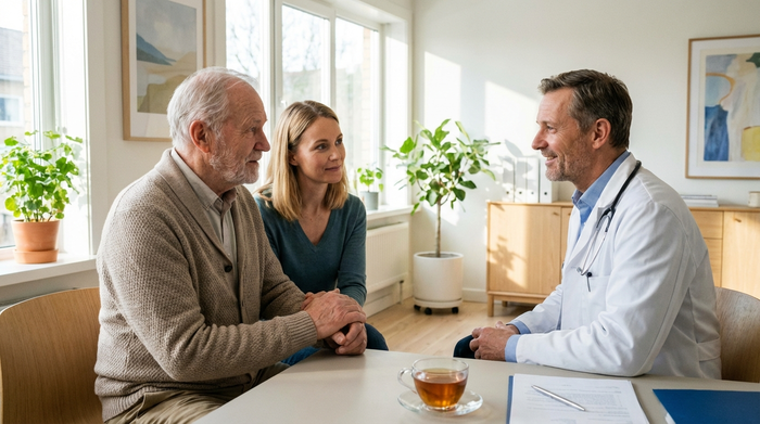 Älterer Herr und seine Tochter im vertrauensvollen Gespräch mit einem Hausarzt in einer hellen Praxis