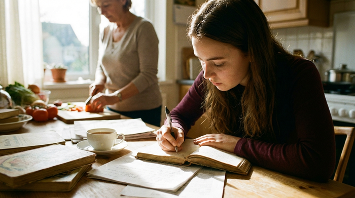 Tochter notiert sorgfältig Details in einem Notizbuch am Küchentisch