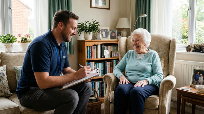 Freundlicher Gutachter mit Klemmbrett im Gespräch mit Seniorin im Wohnzimmer