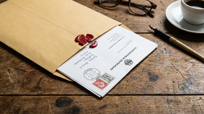 Briefumschlag mit offiziellem Dokument auf einem Holztisch liegend