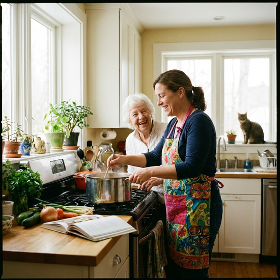 Freundliche Haushaltshilfe beim gemeinsamen Kochen mit einer Seniorin in einer hellen Küche
