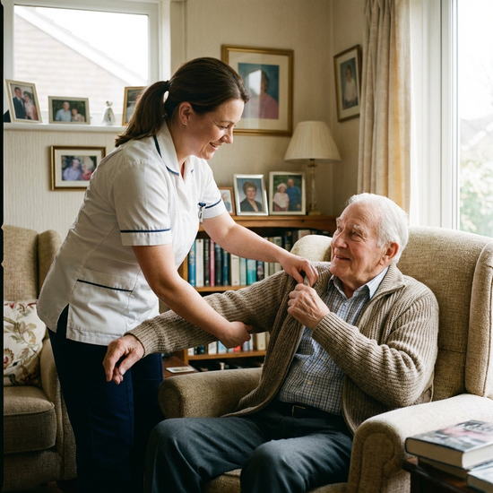 Pflegekraft hilft älterem Herrn behutsam beim Anziehen einer Jacke