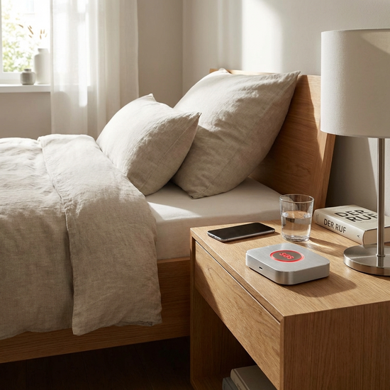 Modernes Hausnotruf-Gerät mit rotem Knopf auf einem Nachttisch neben dem Bett