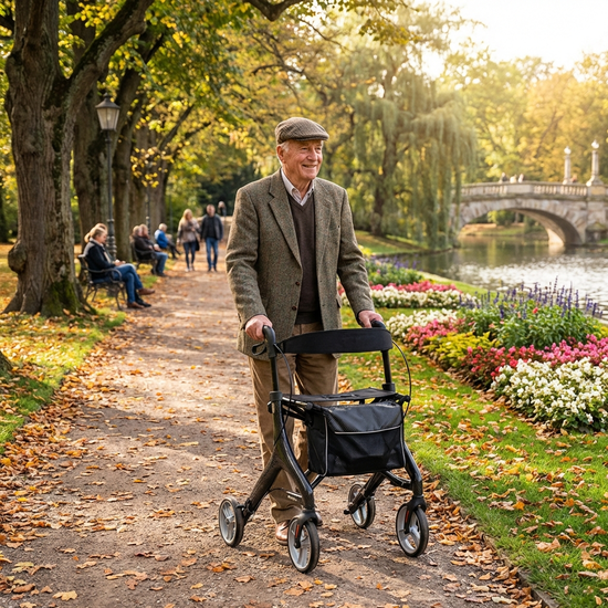 Senior geht sicher mit einem modernen Rollator durch einen gepflegten Park