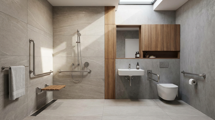 Modernes, barrierefreies Badezimmer mit bodengleicher Dusche, Haltegriffen und einem klappbaren Duschsitz