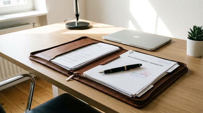 Mappe mit wichtigen Dokumenten und einem Stift auf einem aufgeräumten Schreibtisch