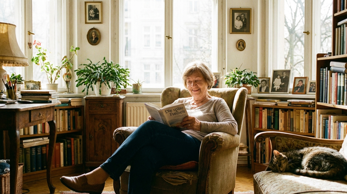 Zufriedene Seniorin liest ein Buch in ihrem hellen, vertrauten Wohnzimmer