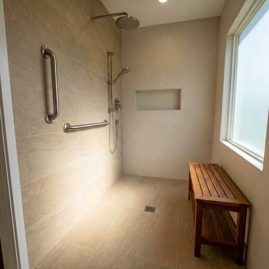 Bodengleiche Dusche mit rutschfesten Fliesen und Haltegriffen