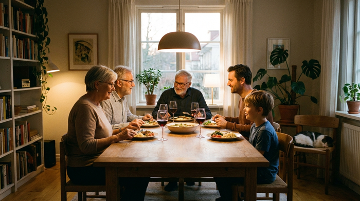 Familie sitzt gemeinsam am Esstisch und führt ein ruhiges Gespräch