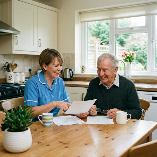 Pflegerin und Senior besprechen gemeinsam Unterlagen am Küchentisch