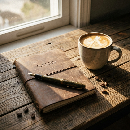 Notizbuch und Stift auf einem Holztisch neben einer Kaffeetasse
