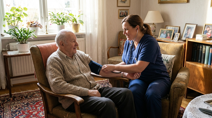 Freundliche Pflegekraft misst den Blutdruck eines älteren Herrn im Wohnzimmer